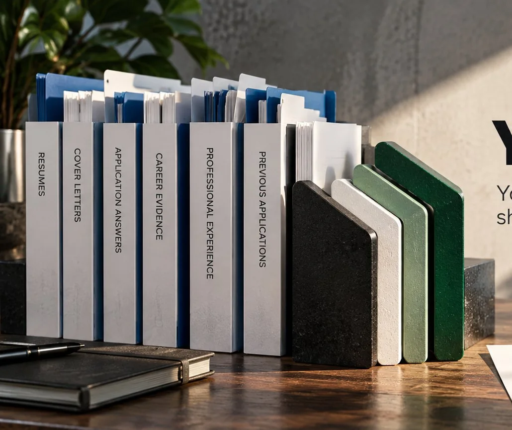 An organized collection of career folders and papers in natural sunlight