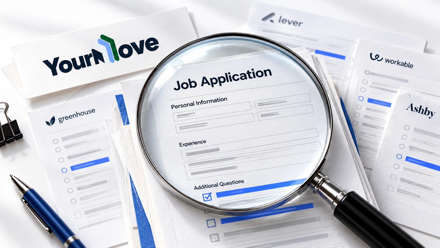 Editorial illustration of job application forms, hiring platforms, and a magnifying glass, branded with the YourMove logo.