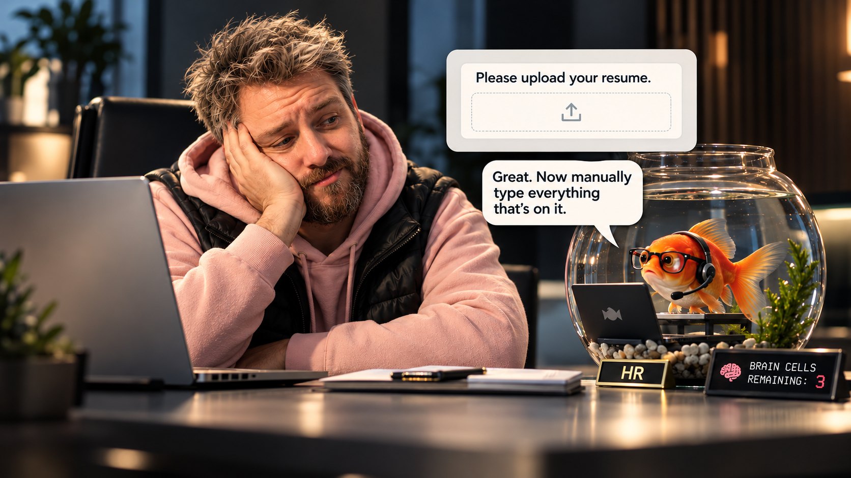 Editorial satire showing a tired job applicant and a goldfish asking for the contents of an uploaded résumé to be typed again